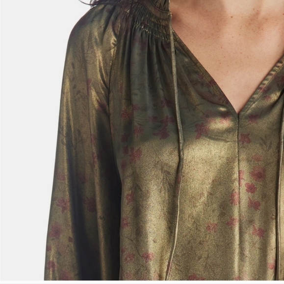 Anthropologie Current Air Gold Satin Metallic Floral Tired Mini Dress Medium - Picture 2 of 8